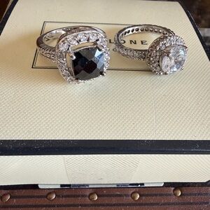 Sterling Silver Blk Onyx Halo Ring, Crystal Halo Ring Set sz 6 Statement Jewelry